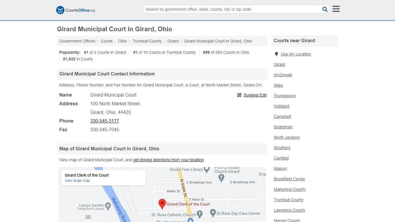 Girard Municipal Court - Girard, OH (Address, Phone, and Fax)